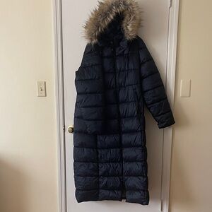 Navy Blue full length Puffer Coat with Faux Fur Trim